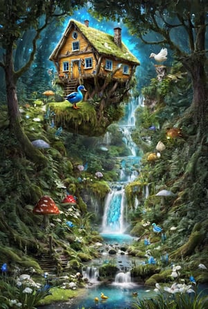 magic  fantacy forest ,beautiful fairlyl, blue icey eyes,( plyaing wa_gon), in fantacy magic forest, on, fairytale, fantacy waterfall, lake, duck ,mashroom , mini house, colour art,style,DissolveSdxl0,3l3ctronics