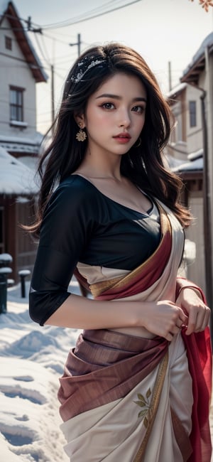  a beautiful cute girl ,saree , playing in sonw fall, friend takes a photo of , 
 snow fall ,  village mountain masterpiece, photorealistic, best quality, detailed skin, intri 8k, HDR, cinematic lighting, sharp focus, eyeliner, lips, earrings, hmmikasa, long hair, 