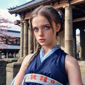 african black beautiful teen girl, blue icey eyes,wearing japanese dress, ancint roman architecture, behind, ,dumbo_oktopus,sad,photo r3al