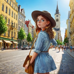 Description
Girl tourist in hat exploring new city at summer looking , on the street, summer holidays sightseeing tourism