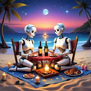 (robots couple,romantic ,dress ,siting on cloth, tent ,drink wine , lots of food,beach side,  night, candle light dinner , stars, vacation theme, fantacy [(masterpiece, top quality, best quality, , extreme detailed,colorful,highest detailed ((ultra-detailed)), ,ghost person,sticker