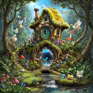 magic  fantacyworld ,beautiful girl fairy,,( plyaing ), in fantacy magic forest, , flower,mashroom ,  fantacy waterfall, lake, duck ,mashroom , mini house, colour art,style,DissolveSdxl0,3l3ctronics