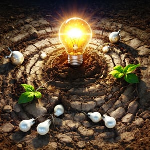 Light bulb with light flare on over soil ground. eco innovation environmental and creative concepts. copy space banner.