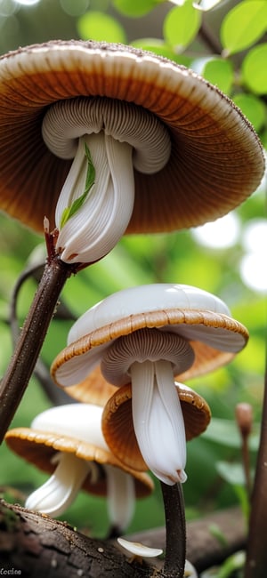 Tiny backlit pleated inkcap mushrooms rack focus foreground to background,perfect