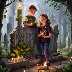 Two kids by the grave. There are a lot of grave candles in a row and one of the kids is holding a leaf on the top of the candle. There are some flowers in the background.