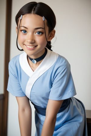 real life photo,katara, long hair, blue eyes, darkhair, hair ornament, hairclip, braid, single braid, braided ponytail, choker, short sleeves, robe, blue robe, sash,, indoors, bent over, smile, looking at viewer,3/4 body,
score_9, score_8_up, score_7_up, score_6_up, score_5_up, score_4_up, source_photo, source_real, 1girl, solo, long hair, looking at viewer, realistic, 3/4 body,perfect photografy, cute girl, young and beautiful, mastepies,katara, tanned skin