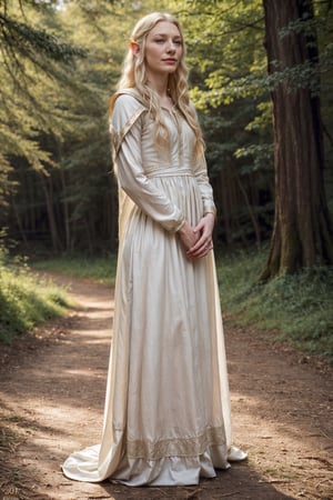 Full body view,(20 year old:1.5),Perfect photography of young cate blanchett as galadriel, young elvish girl, elf female, white elvish dress, long dress, blonde hair, wavy hair, medieval dress, daylight, forest background, masterpiece, 8k, high quality , detailed face