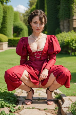 Squatting and spreading legs,( vagina visible:1.4), cute pussy, long skirt, lot of folds on skirt,Full body view,Perfect photography of girl 20 year old, wearing long renaissance dress,wearing edgRenaissance,edgRenaissance, detailed dress, detailed face, detailed hands, garden background,perfect ambient light, masterpiece, 8k, highest quality 