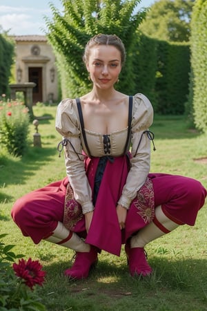 Squatting and spreading legs, long skirt, lot of folds on skirt,Full body view,Perfect photography of girl 20 year old, wearing long renaissance dress,wearing edgRenaissance,edgRenaissance, detailed dress, detailed face, detailed hands, garden background,perfect ambient light, masterpiece, 8k, highest quality 