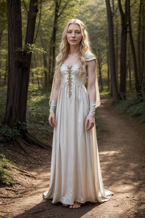 Full body view,(20 year old:1.5),Perfect photography of young cate blanchett as galadriel, young elvish girl, elf female, white elvish dress, long dress, blonde hair, wavy hair, medieval dress, daylight, forest background, masterpiece, 8k, high quality , detailed face