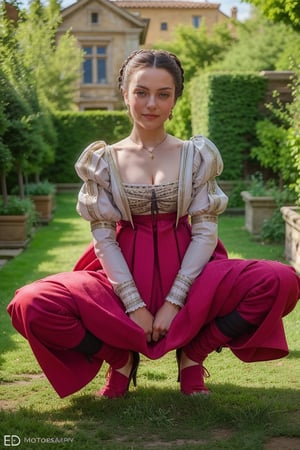 Squatting and spreading legs, long skirt, lot of folds on skirt,Full body view,Perfect photography of girl 20 year old, wearing long renaissance dress,wearing edgRenaissance,edgRenaissance, detailed dress, detailed face, detailed hands, garden background,perfect light, masterpiece, 8k, highest quality 