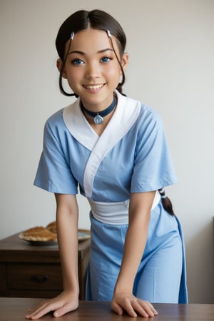 real life photo,katara, long hair, blue eyes, darkhair, hair ornament, hairclip, braid, single braid, braided ponytail, choker, short sleeves, robe, blue robe, sash,, indoors, bent over, smile, looking at viewer,3/4 body,
score_9, score_8_up, score_7_up, score_6_up, score_5_up, score_4_up, source_photo, source_real, 1girl, solo, long hair, looking at viewer, realistic, 3/4 body,perfect photografy, cute girl, young and beautiful, mastepies,katara, tanned skin