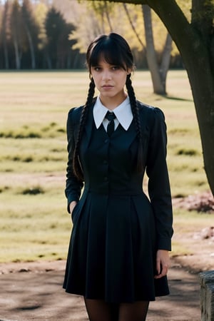 Teenage girl, cute Face,Perfect photo Wednesday adams,  black hair, hair bang, two brides, fully clothed in black gothic dress, perfect light, 8k, masterpiece 