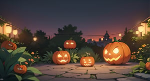 anime style

highly detailed,{best quality}, {{masterpiece}}, {highres}, original, extremely detailed 8K wallpaper,masterpiece, best quality, illustration, beautifully detailed eyes,  cinematic lighting,
nobody
landscape



night
pumpkin lantern
halloween background

stone floor
garden
symmetry