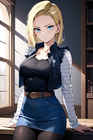 best quality, highres, 1girl, android 18, solo, blonde hair, blue eyes, short hair, earrings, jewelry, denim vest, open vest, black pantyhose, black shirt, denim skirt, striped long sleeves, blue skirt, cowboy shot, ,and18, large_breast, (face focus, (dynamic pose, dynamic angle:1.3), (masterpiece, best quality, ultra-detailed, very aesthetic:1.5), illustration, disheveled hair, perfect composition, moist skin, intricate details, seducing_gaze, looking_at_viewer, seductive_pose, perfect body, 