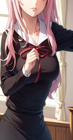 chika fujiwara, long hair, bangs, blulong sleeves, dress, ribbon, school uniform, (black dress:1.2), sailor collar, white sailor collar, red ribbon, neck ribbon, shuuchiin academy school uniforme eyes, bow, pink hair, (hair bow:1.2), blunt bangs, black bow, medium_large_breasts, collarbone, (indoors, window, wooden floor, bed), (face focus, cowboy shot, close-up body:1.3), (dynamic pose, dynamic angle:1.3), (masterpiece, best quality, ultra-detailed, very aesthetic:1.5), illustration, disheveled hair, arms_crossed, seducing_expression,facing_viewer, looking_at_viewer, boob_window