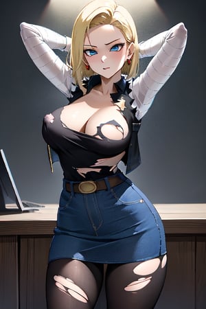 best quality, highres, 1girl, android 18, solo, blonde hair, blue eyes, short hair, earrings, jewelry, denim vest, open vest, black pantyhose, black shirt, denim skirt, striped long sleeves, blue skirt, cowboy shot, ,and18, large_breast, (face focus, (dynamic pose, dynamic angle:1.3), (masterpiece, best quality, ultra-detailed, very aesthetic:1.5), illustration, disheveled hair, perfect composition, moist skin, intricate details, seducing_gaze, looking_at_viewer, detalied_background, seductive_pose, perfect body, legs_apart, torn_clothing, nip_slip, indoors, ahegao_face, nudity,, arms_above_head