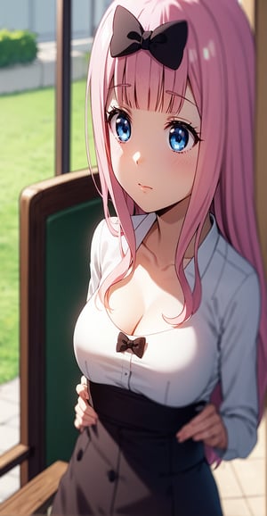 chika fujiwara, long hair, bangs, blue eyes, bow, pink hair, (hair bow:1.2), blunt bangs, black bow