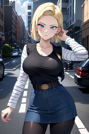 best quality, highres, 1girl, android 18, solo, blonde hair, blue eyes, short hair, earrings, jewelry, denim vest, open vest, black pantyhose, black shirt, denim skirt, striped long sleeves, blue skirt, cowboy shot, street, ,and18, large_breast, (face focus, (dynamic pose, dynamic angle:1.3), (masterpiece, best quality, ultra-detailed, very aesthetic:1.5), illustration, disheveled hair, perfect composition, moist skin, intricate details, seducing_gaze, looking_at_viewer, seductive_pose