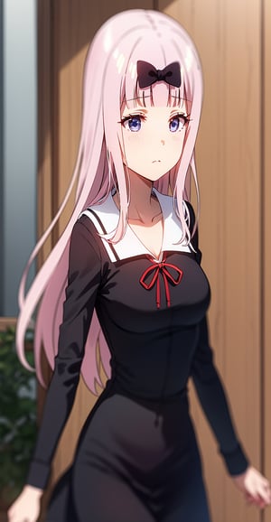 chika fujiwara, long hair, bangs, blulong sleeves, dress, ribbon, school uniform, collarbone, (black dress:1.2), sailor collar, white sailor collar, red ribbon, neck ribbon, shuuchiin academy school uniforme eyes, bow, pink hair, (hair bow:1.2), blunt bangs, black bow