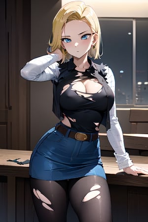 best quality, highres, 1girl, android 18, solo, blonde hair, blue eyes, short hair, earrings, jewelry, denim vest, open vest, black pantyhose, black shirt, denim skirt, striped long sleeves, blue skirt, cowboy shot, ,and18, large_breast, (face focus, (dynamic pose, dynamic angle:1.3), (masterpiece, best quality, ultra-detailed, very aesthetic:1.5), illustration, disheveled hair, perfect composition, moist skin, intricate details, seducing_gaze, looking_at_viewer, detalied_background, seductive_pose, perfect body, legs_apart, torn_clothing, nip_slip, indoors,