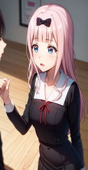 chika fujiwara, long hair, bangs, blulong sleeves, dress, ribbon, school uniform, collarbone, (black dress:1.2), sailor collar, white sailor collar, red ribbon, neck ribbon, shuuchiin academy school uniforme eyes, bow, pink hair, (hair bow:1.2), blunt bangs, black bow