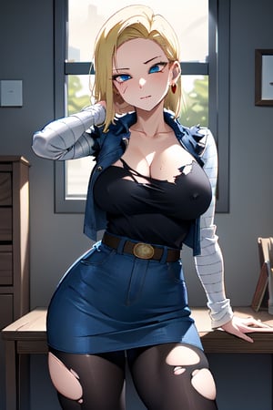 best quality, highres, 1girl, android 18, solo, blonde hair, blue eyes, short hair, earrings, jewelry, denim vest, open vest, black pantyhose, black shirt, denim skirt, striped long sleeves, blue skirt, cowboy shot, ,and18, large_breast, (face focus, (dynamic pose, dynamic angle:1.3), (masterpiece, best quality, ultra-detailed, very aesthetic:1.5), illustration, disheveled hair, perfect composition, moist skin, intricate details, seducing_gaze, looking_at_viewer, detalied_background, seductive_pose, perfect body, legs_apart, torn_clothing, nip_slip, indoors, ahegao_face