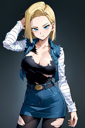 best quality, highres, 1girl, android 18, solo, blonde hair, blue eyes, short hair, earrings, jewelry, denim vest, open vest, black pantyhose, black shirt, denim skirt, striped long sleeves, blue skirt, cowboy shot, ,and18, large_breast, (face focus, (dynamic pose, dynamic angle:1.3), (masterpiece, best quality, ultra-detailed, very aesthetic:1.5), illustration, disheveled hair, perfect composition, moist skin, intricate details, seducing_gaze, looking_at_viewer, detalied_background, seductive_pose, perfect body, legs_apart, torn_clothing