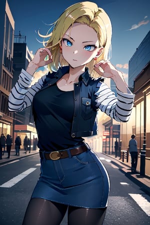 best quality, highres, 1girl, android 18, solo, blonde hair, blue eyes, short hair, earrings, jewelry, denim vest, open vest, black pantyhose, black shirt, denim skirt, striped long sleeves, blue skirt, cowboy shot, street, ,and18, medium_breasts, (face focus, (dynamic pose, dynamic angle:1.3), (masterpiece, best quality, ultra-detailed, very aesthetic:1.5), illustration, disheveled hair, perfect composition, moist skin, intricate details, seducing_gaze, looking_at_viewer