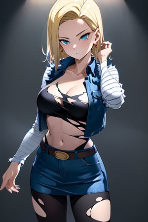 best quality, highres, 1girl, android 18, solo, blonde hair, blue eyes, short hair, earrings, jewelry, denim vest, open vest, black pantyhose, black shirt, denim skirt, striped long sleeves, blue skirt, cowboy shot, ,and18, large_breast, (face focus, (dynamic pose, dynamic angle:1.3), (masterpiece, best quality, ultra-detailed, very aesthetic:1.5), illustration, disheveled hair, perfect composition, moist skin, intricate details, seducing_gaze, looking_at_viewer, detalied_background, seductive_pose, perfect body, legs_apart, torn_clothing