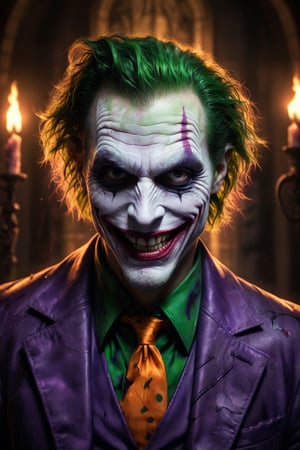 A detailed, realistic digital painting of The Joker in the style of Zack Snyder. He is escaping from Arkham Asylum at night, the only light coming from the candles and his smile. The Joker's suit is purple and green, and he is wearing clown makeup. The image is post-processed with color grading, film grain, and blood and gore effects.

