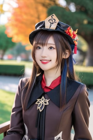 1girl, hutao, cowboy shot, beautiful girl, hat, hat flowers, brown long sleeves coat, black shorts, standing, long brown hair, outdoors, sunshine, lawn, flowers, sunny, lake, park,
Charming eyes, (smile:1.1),
Sitting on the chair, sunlight, Autumn,
masterpiece, best quality, 
  RAW photo, 8k, 4k, (intricate details:1.0), (ultra detailed:1.0),  (depth of field:1.0), (blurry background:1.0), (spotlight effect:1.0), (light from the front:1.0), (fair skin:1.0), (super detailed skin:1.0), (clear translucent skin:1.0), (perfect body:1.0), (skinny,:1.0), (curvy body:1.0), (face:1.0), (sensual:1.0), 1080P