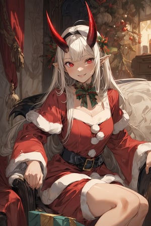 (masterpiece, top quality, best quality, 8K, highly detailed, illustration:1.3, texture:1.3, line art:1.3), 
BRAKE 
(1Girl), older sister, detailed straight long-hair, diagonal bangs, black-hair, (red eyes), pointy ears, (smile:1.2), (demon horns:1.2),  
BRAKE 
(Santa:1.2), sitting on chair, santa house, anime, 