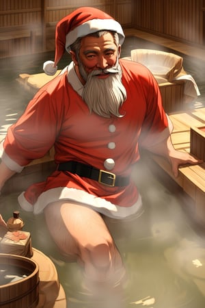 (top quality, best quality, 8K, highly detailed, illustration:1.2), (texture:1.1), (line art:0.5), 
BRAKE 
a gentleman, 
(Santa:1.3), (onsen:1.4), 