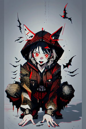 plane background, 1 girl, black hair, red eyes, techwear, vampire