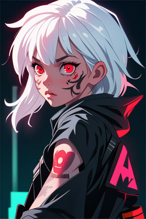 Neon graffiti background, Techwear, white hair, neon tattoo, red eyes, 8k, very detailed, masterpiece, 