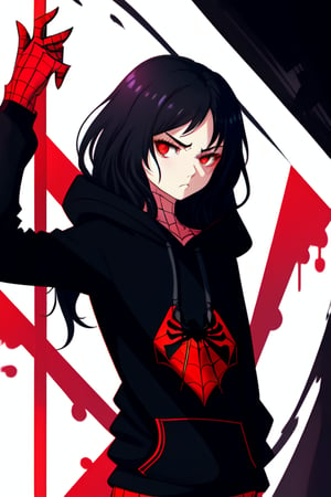 Spiderman hoodie, 1girl in black long hair, red  eyes, no mask, serious face, no mask