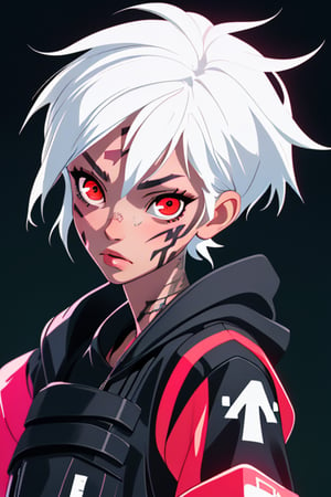 Neon graffiti background, Techwear, white hair, neon tattoo, red eyes, 8k, very detailed, masterpiece, 