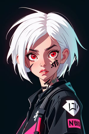 up Perspective, Neon graffiti background, Techwear, white hair, neon tattoo, red eyes, 8k, very detailed, masterpiece, 