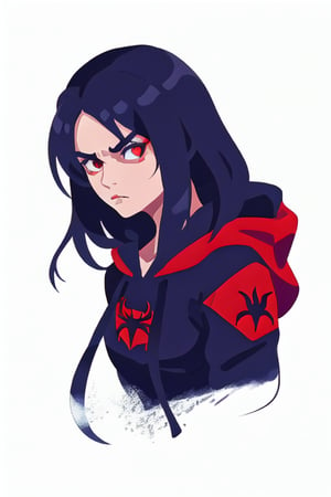 Spiderman hoodie, 1girl in black long hair, red  eyes, no mask, serious face, no mask, 