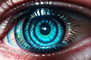 Blue eye macro shot, clear view of cornea and retina,perfecteyes, highly detailed,Science Fiction