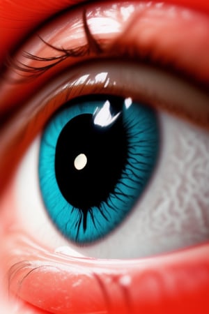 Gojo's blue eye, red flame, eye focused, only eye, half red half blue cornea