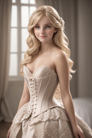 1girl, high-resolution portrait, soft lighting, serene expression, delicate features, neutral background, focus on eyes, subtle smile, elegant pose, wearing intricately detailed corset, lace and satin textures, cinched waist, intimate atmosphere, playful yet sophisticated, luxurious blonde hair, flowing locks, enhanced depth and clarity.

(masterpiece, best quality, high resolution, 64k, highly detailed, intricate), illustration, (anime:1.5), (anime design:1.5), soft light, more details, Full body, /GC\