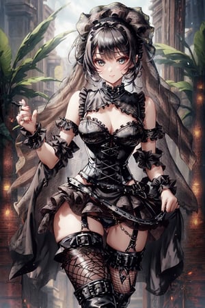  Woman, uhd, 4K, best quality, A corset top in a rococo design with rivets and leather applications. A skimpy ruffled thong decorated with punk details. Fishnet stockings with printed filigree rococo patterns. Black leather boots with buckles and studs. A headband with a nostalgic vintage touch.