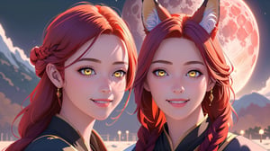 Luna, 2 Face only, woman, face, close-up, redhead, yellow eyes, black fox, fox ears, braided hair on one side, blood moon in background, smiles sheepishly,

(masterpiece, extremely detailed, realistic, best quality, high resolution:1.2), UHD,

,LUNA