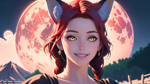 Luna, 2 Face only, woman, close-up, redhead, yellow eyes, black fox, fox ears, braided hair on one side, blood moon in background, smiles sheepishly,

(masterpiece, extremely detailed, realistic, best quality, high resolution:1.2), UHD,

,LUNA