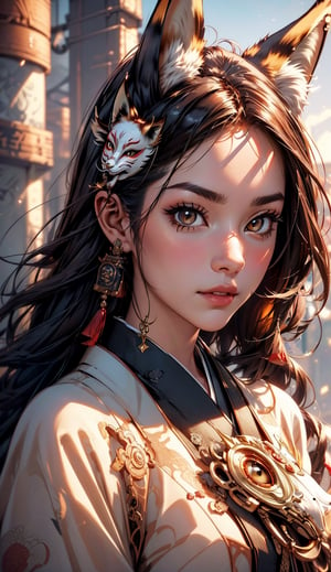 best quality,Exquisite details and textures, 
cinematic shot,  ultra realistic illustration,  
Steampunk,
head to thigh portrait,matchless beauty,(Wearing japan style fox mask:1.3), Hourglass body, thin waist, wide hips,
