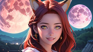 Luna, 2 Face only, woman, close-up, redhead, yellow eyes, black fox, fox ears, braided hair on one side, blood moon in background, smiles sheepishly,

(masterpiece, extremely detailed, realistic, best quality, high resolution:1.2), UHD,

,LUNA
