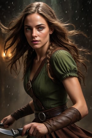 ((a beautiful western rogue Girl cleaning her blade)), (21 y.o), ((long brown hair in a strand braid:1.5, green eyes)), happy, ((wearing a faded western rustic dress, belt)), ((Claire Forlani:1.1)), ((Aubrey Plaza:1)),  youthful, ((perfect low fat toned body, perfect beauty)), ((soft brown hair:1.7)), (((fair skin:1.5))), faint freckles, (tiny narrow waist and torso), Skinny and toned figure, 

dark palette, crisp lines, rough aesthetics, masterpiece, realistic, detailed, high resolution, cascading strands of her hair, mysterious ambiance, background of a underground hideout, soft moonlight lighting her skin,

digital painting, High Quality, 8k Uldtra HD, hyper-realistic, fantasy art, Greg Rutkowski style , Magali Villeneuve style, esao andrews style,

action shot, Leonardo Style, Comic Book-Style 2d, 