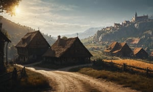 A shot from on a road of a Spanish Medieval Town, landscape, a tavern and houses, town house, barn, The Witcher 3 Concept Art, , low visibility, golden hour sunlight, few crop fields in distance, mysterious scene, dark, fantasy art, Movie Still, moody colours,Landskaper, newhorrorfantasy_style,darkart, cinematic moviemaker style,